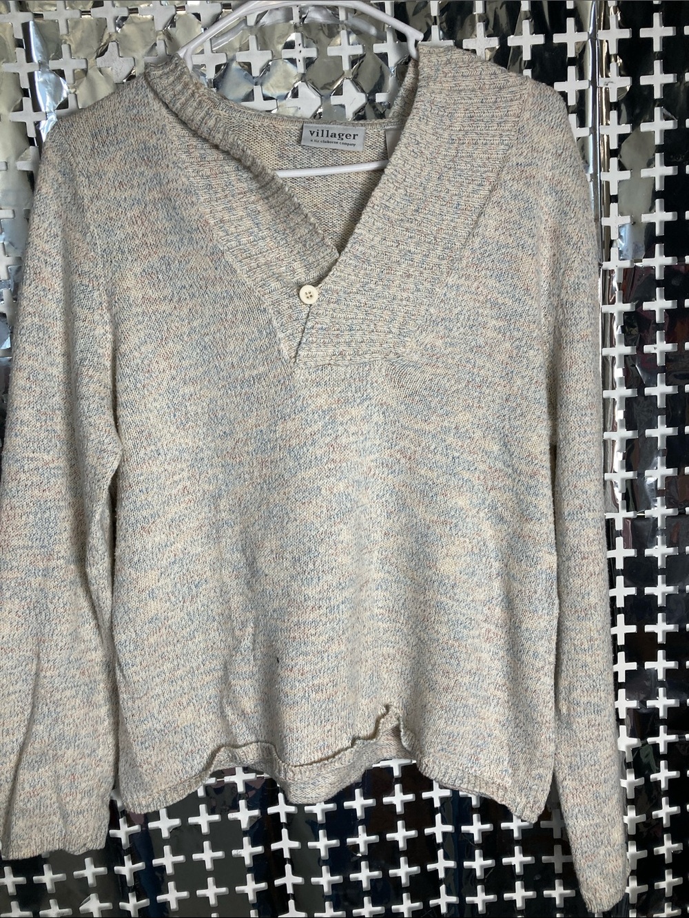 villager Cream Marled V-Neck Sweater with Subtle Pastel Flecks
